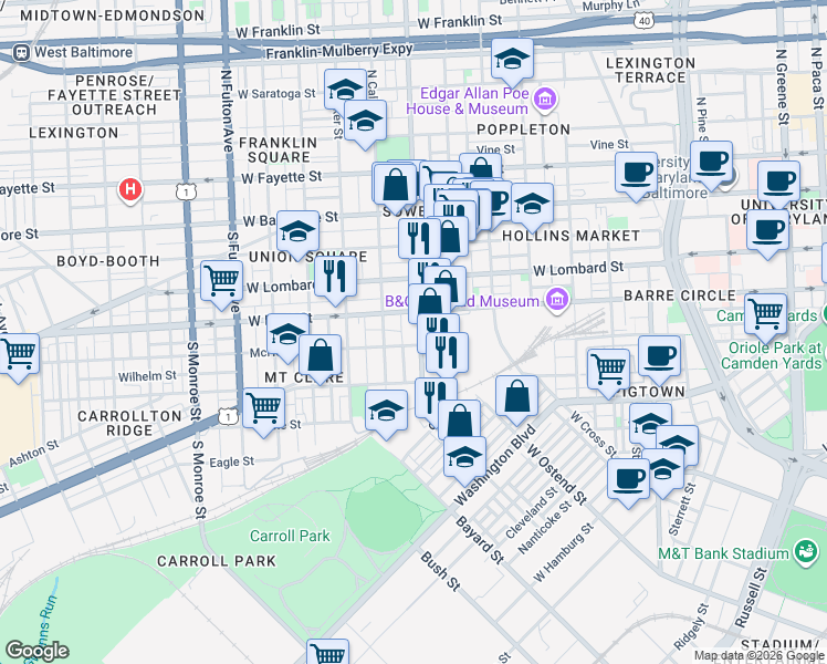 map of restaurants, bars, coffee shops, grocery stores, and more near 218 South Carey Street in Baltimore
