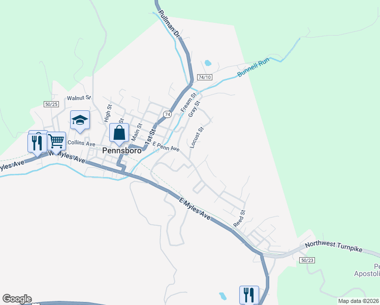 map of restaurants, bars, coffee shops, grocery stores, and more near 101 Locust Street in Pennsboro