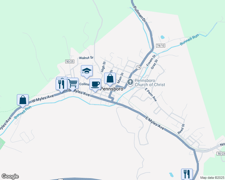 map of restaurants, bars, coffee shops, grocery stores, and more near Broadway Street in Pennsboro
