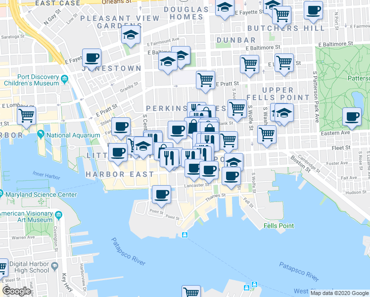 map of restaurants, bars, coffee shops, grocery stores, and more near 515 South Dallas Street in Baltimore