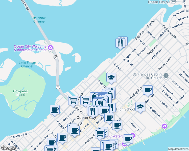 map of restaurants, bars, coffee shops, grocery stores, and more near 11 West 6th Street in Ocean City