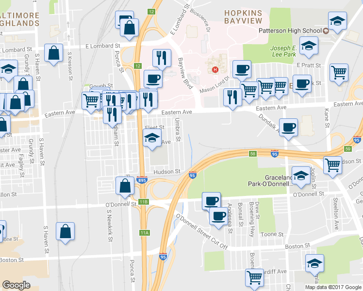 map of restaurants, bars, coffee shops, grocery stores, and more near 707 Umbra Street in Baltimore