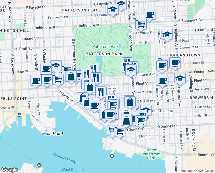 map of restaurants, bars, coffee shops, grocery stores, and more near 601 South Luzerne Avenue in Baltimore