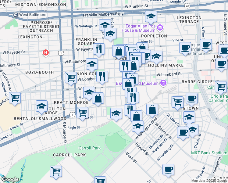 map of restaurants, bars, coffee shops, grocery stores, and more near 222 South Calhoun Street in Baltimore