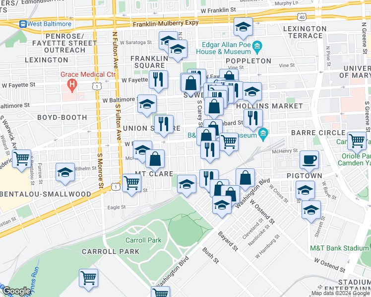 map of restaurants, bars, coffee shops, grocery stores, and more near South Calhoun Street in Baltimore