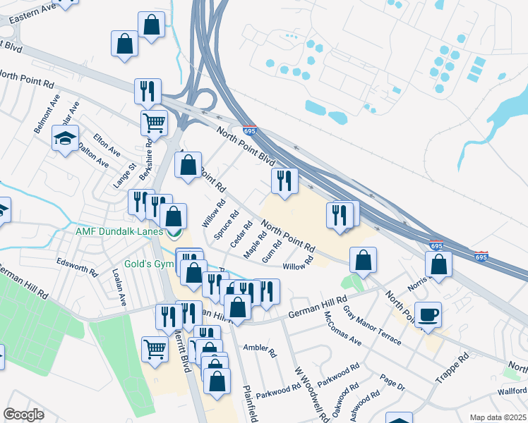 map of restaurants, bars, coffee shops, grocery stores, and more near 1818 North Point Boulevard in Dundalk