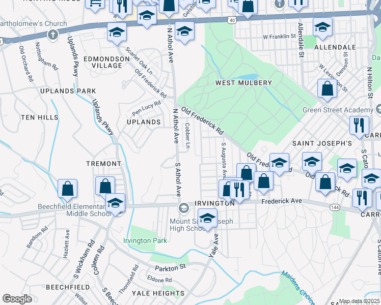 map of restaurants, bars, coffee shops, grocery stores, and more near 1 Cobber Lane in Baltimore