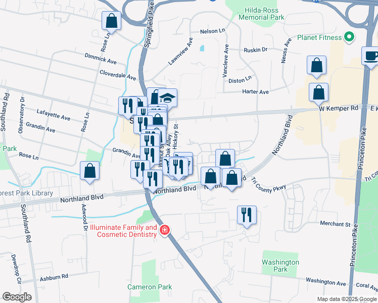 map of restaurants, bars, coffee shops, grocery stores, and more near 307 Carriage Circle Drive in Cincinnati