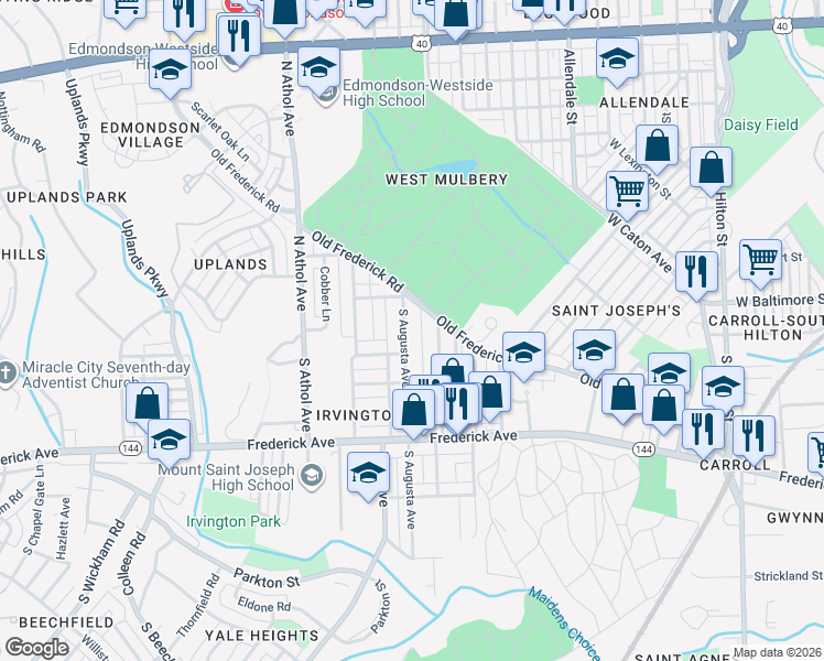 map of restaurants, bars, coffee shops, grocery stores, and more near 101 South Augusta Avenue in Baltimore
