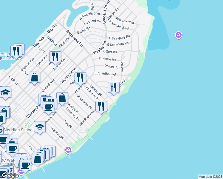 map of restaurants, bars, coffee shops, grocery stores, and more near 29 Gardens Rd in Ocean City