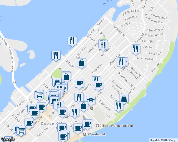map of restaurants, bars, coffee shops, grocery stores, and more near 309 Asbury Avenue in Ocean City