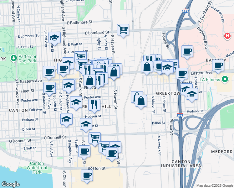 map of restaurants, bars, coffee shops, grocery stores, and more near 625 South Haven Street in Baltimore