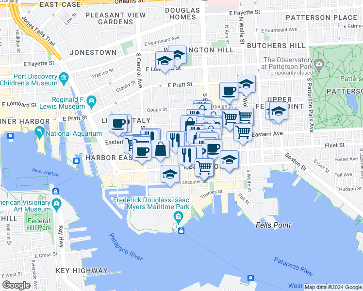 map of restaurants, bars, coffee shops, grocery stores, and more near 513 South Dallas Street in Baltimore