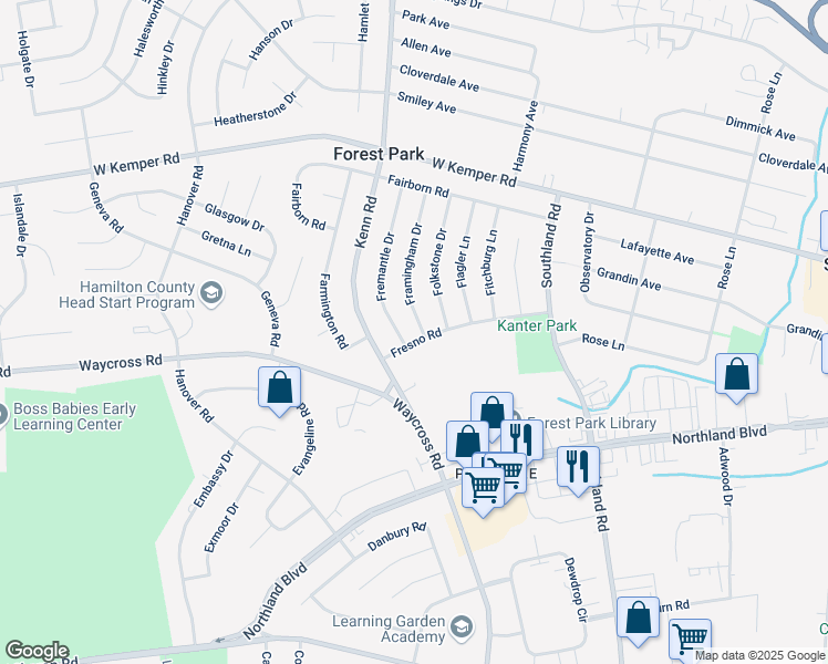 map of restaurants, bars, coffee shops, grocery stores, and more near 730 Fresno Road in Cincinnati
