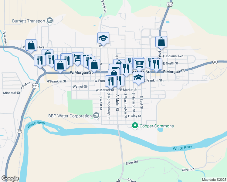 map of restaurants, bars, coffee shops, grocery stores, and more near 38 West Market Street in Spencer