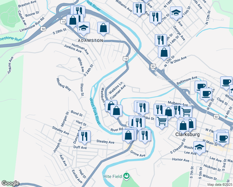 map of restaurants, bars, coffee shops, grocery stores, and more near 53 Watkins Lane in Clarksburg