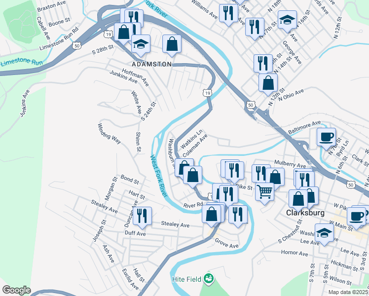 map of restaurants, bars, coffee shops, grocery stores, and more near 53 Watkins Lane in Clarksburg