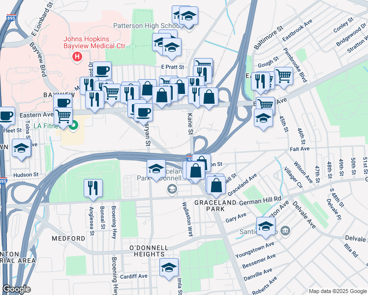 map of restaurants, bars, coffee shops, grocery stores, and more near 700 Kane St in Baltimore