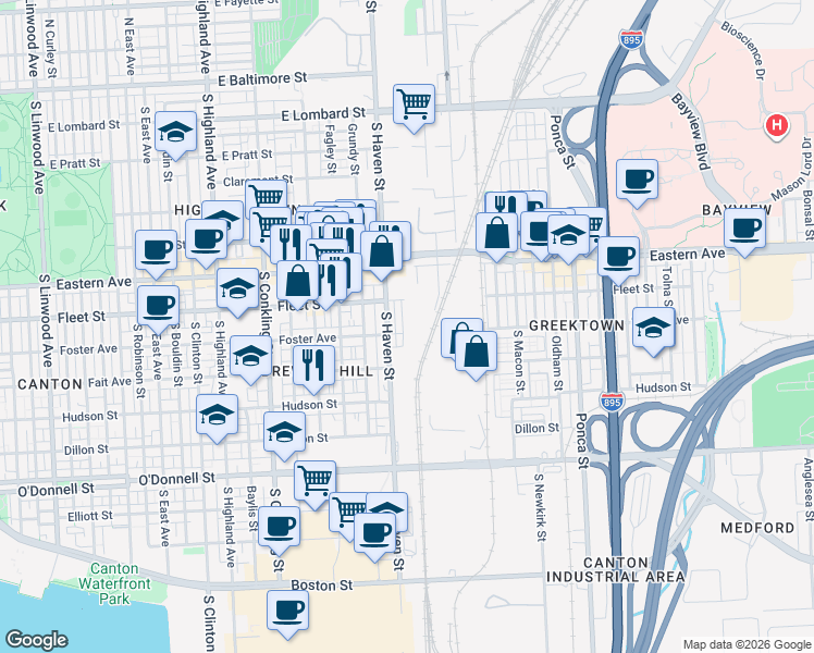 map of restaurants, bars, coffee shops, grocery stores, and more near 625 Mozart Way in Baltimore