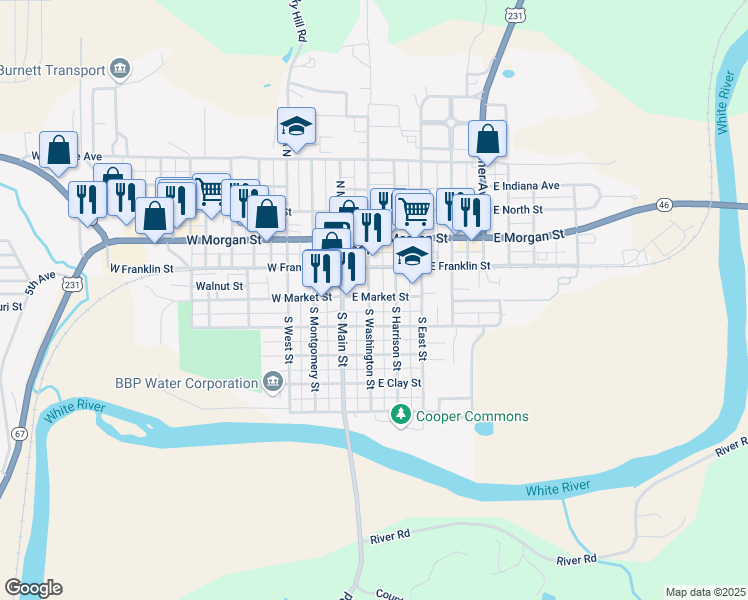 map of restaurants, bars, coffee shops, grocery stores, and more near 110 East Market Street in Spencer