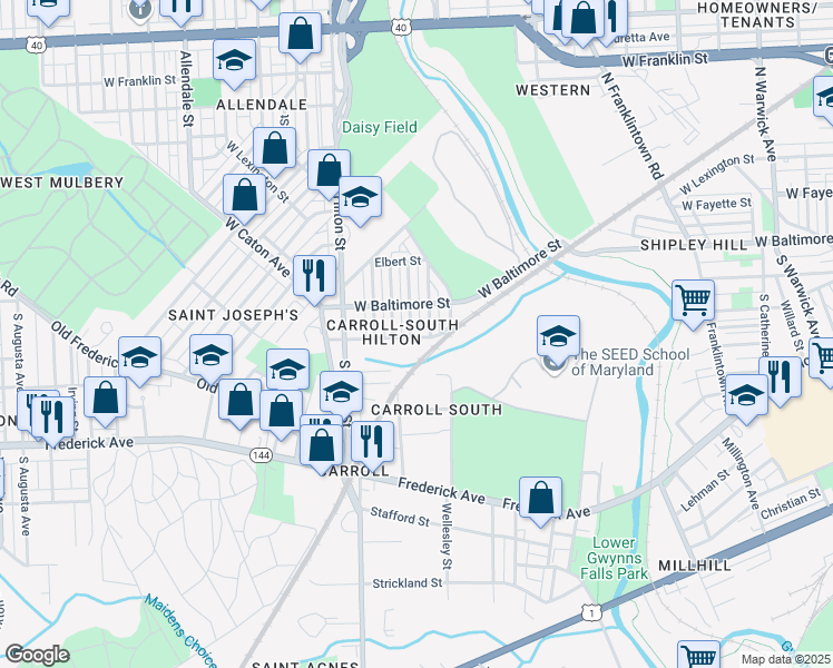 map of restaurants, bars, coffee shops, grocery stores, and more near 29 South Bernice Avenue in Baltimore