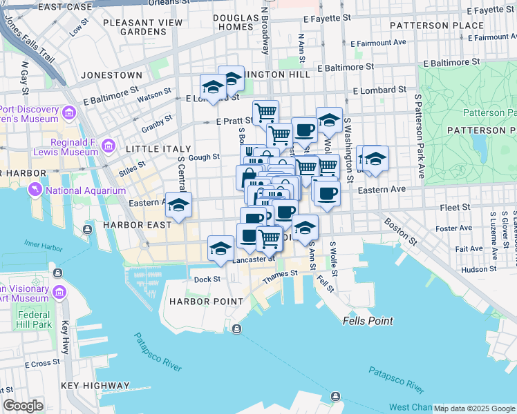 map of restaurants, bars, coffee shops, grocery stores, and more near 516 South Bethel Street in Baltimore