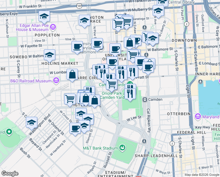 map of restaurants, bars, coffee shops, grocery stores, and more near 633 Portland Street in Baltimore