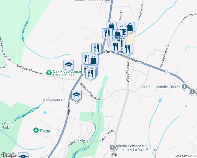 map of restaurants, bars, coffee shops, grocery stores, and more near 26044 Ridge Manor Dr in Damascus