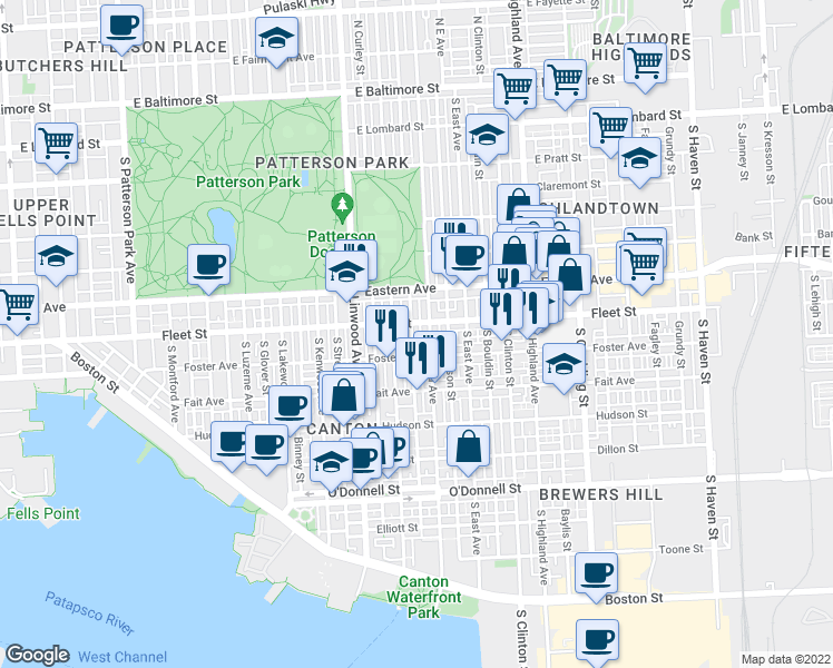 map of restaurants, bars, coffee shops, grocery stores, and more near 615 South Decker Avenue in Baltimore