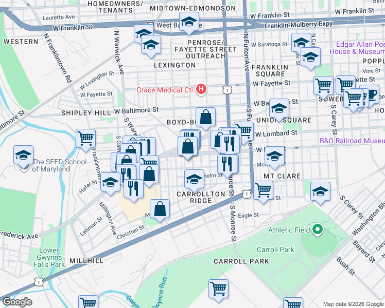 map of restaurants, bars, coffee shops, grocery stores, and more near W Pratt St & S Pulaski St in Baltimore