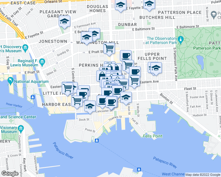map of restaurants, bars, coffee shops, grocery stores, and more near 514 South Broadway in Baltimore
