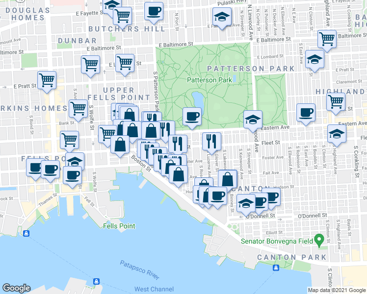 map of restaurants, bars, coffee shops, grocery stores, and more near Fleet St & S Port St in Baltimore