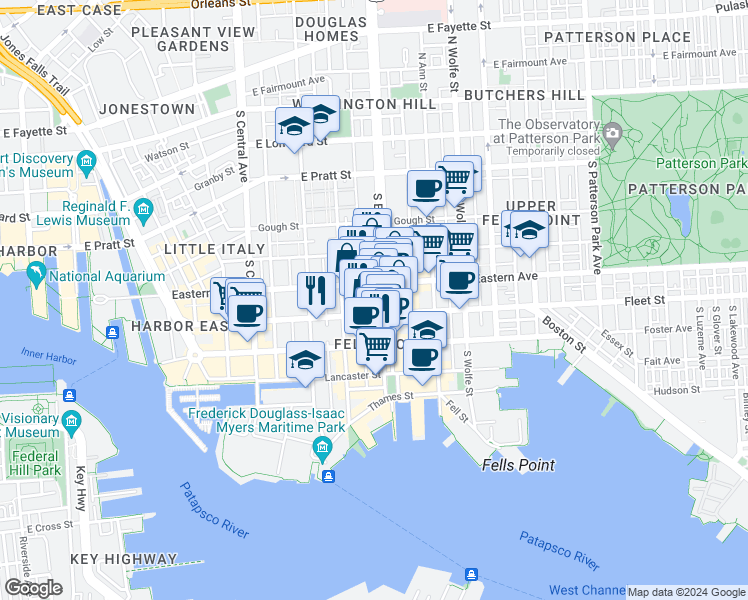 map of restaurants, bars, coffee shops, grocery stores, and more near 514 South Broadway in Baltimore