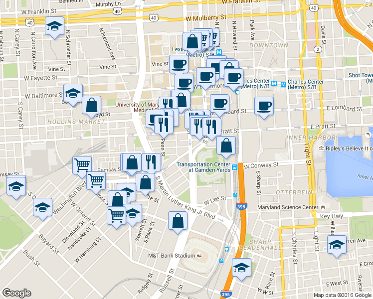 map of restaurants, bars, coffee shops, grocery stores, and more near 606 Washington Boulevard in Baltimore