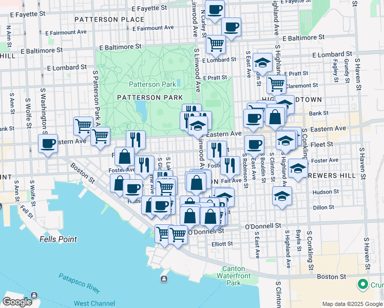 map of restaurants, bars, coffee shops, grocery stores, and more near 602 South Streeper Street in Baltimore