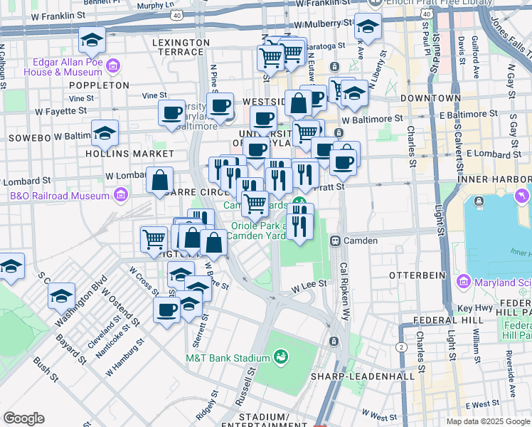 map of restaurants, bars, coffee shops, grocery stores, and more near 606 Washington Boulevard in Baltimore