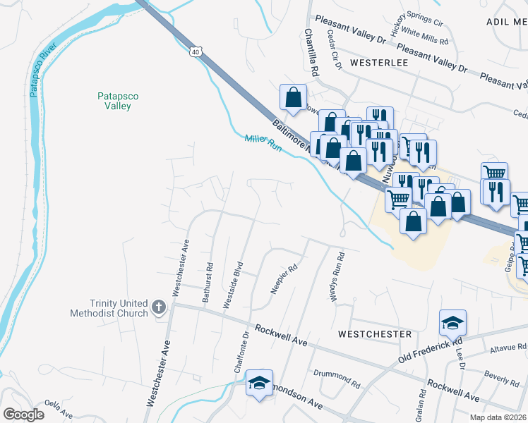 map of restaurants, bars, coffee shops, grocery stores, and more near 511 Westside Boulevard in Catonsville