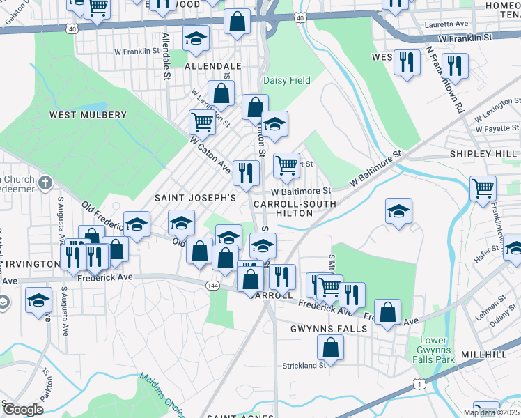 map of restaurants, bars, coffee shops, grocery stores, and more near 28 South Hilton Street in Baltimore