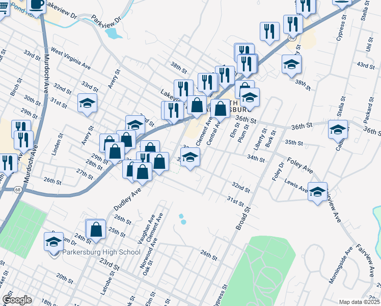 map of restaurants, bars, coffee shops, grocery stores, and more near 3209 Clement Avenue in Parkersburg