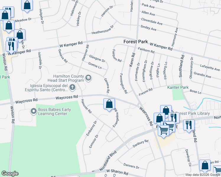 map of restaurants, bars, coffee shops, grocery stores, and more near 11367 Geneva Road in Cincinnati