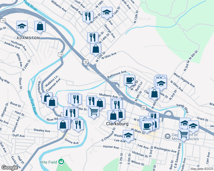 map of restaurants, bars, coffee shops, grocery stores, and more near 327 Sycamore Street in Clarksburg