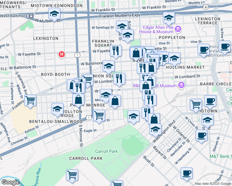 map of restaurants, bars, coffee shops, grocery stores, and more near 200 South Parrish Street in Baltimore
