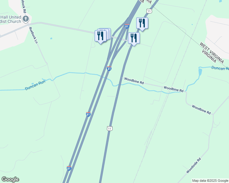 map of restaurants, bars, coffee shops, grocery stores, and more near 4489 Martinsburg Pike in Clear Brook