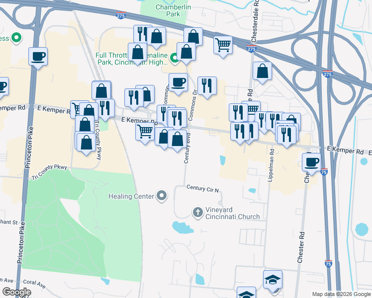map of restaurants, bars, coffee shops, grocery stores, and more near 11560 Century Boulevard in Springdale