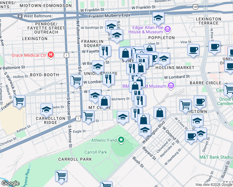 map of restaurants, bars, coffee shops, grocery stores, and more near 206 South Norris Street in Baltimore