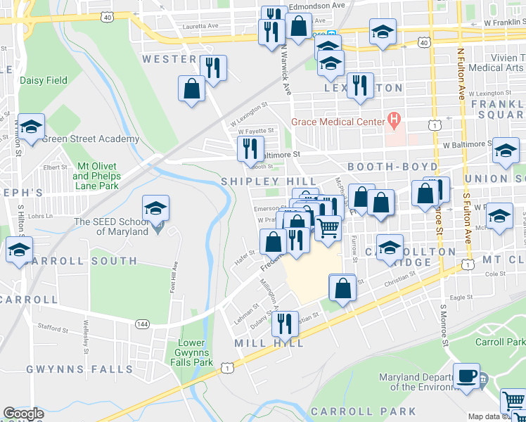 map of restaurants, bars, coffee shops, grocery stores, and more near 2537 Emerson Street in Baltimore