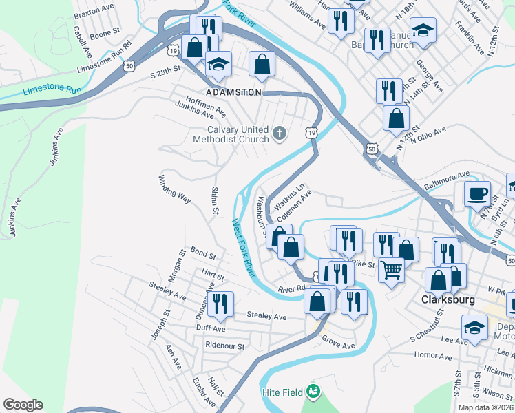 map of restaurants, bars, coffee shops, grocery stores, and more near 969 Washburn Street in Clarksburg
