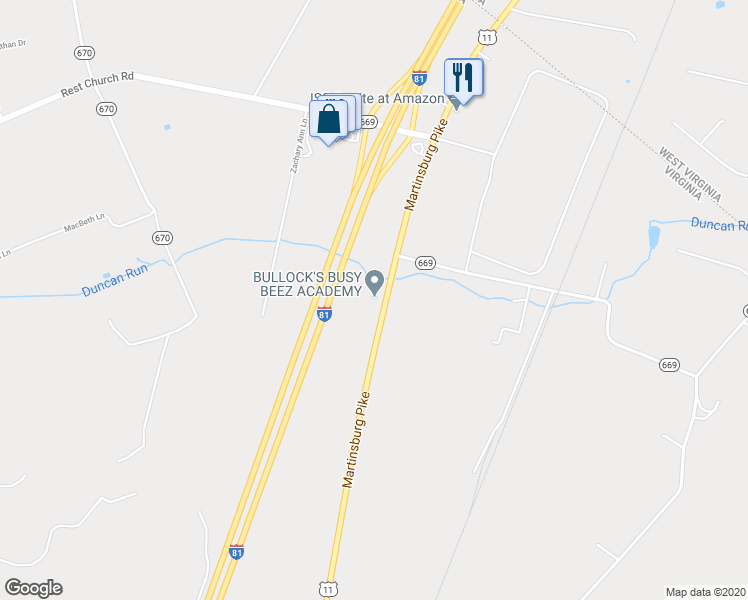 map of restaurants, bars, coffee shops, grocery stores, and more near 4489 Martinsburg Pike in Clear Brook