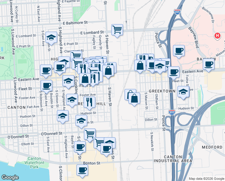 map of restaurants, bars, coffee shops, grocery stores, and more near 622 Mozart Way in Baltimore