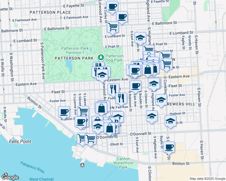 map of restaurants, bars, coffee shops, grocery stores, and more near 602 South Potomac Street in Baltimore